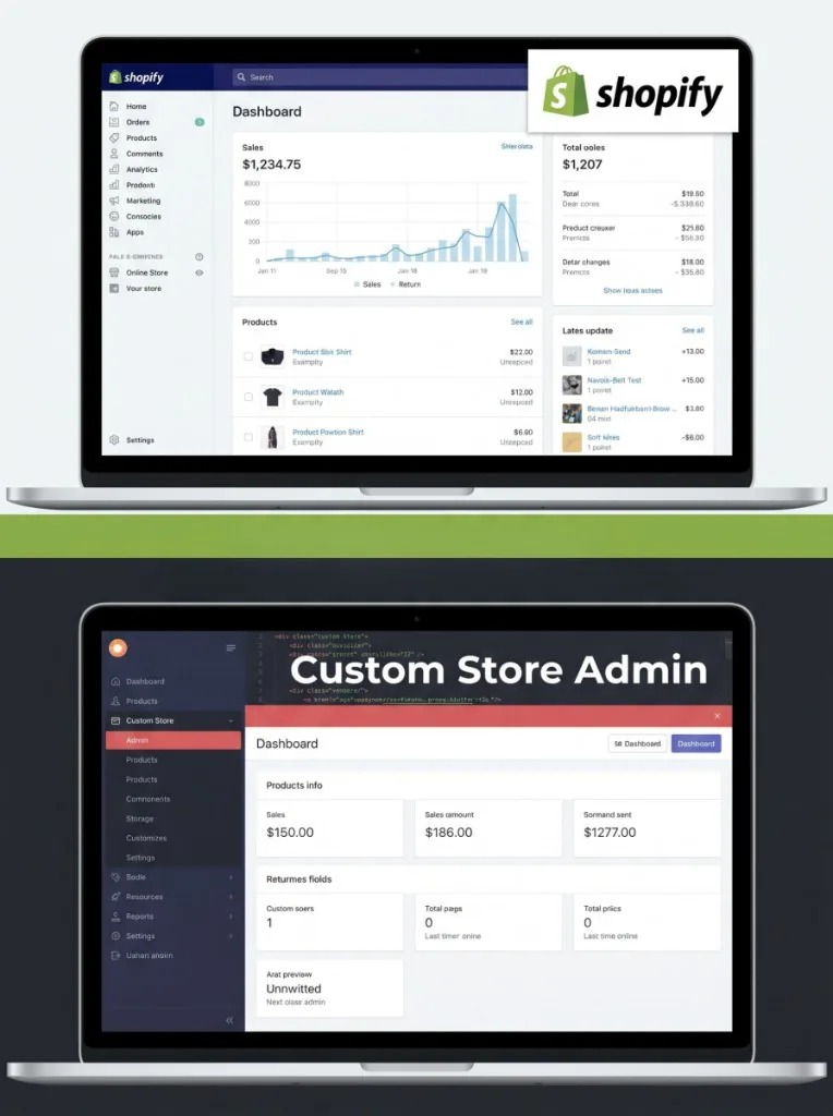 Shopify dashboard versus custom store admin — comparison graphic for ecommerce platforms