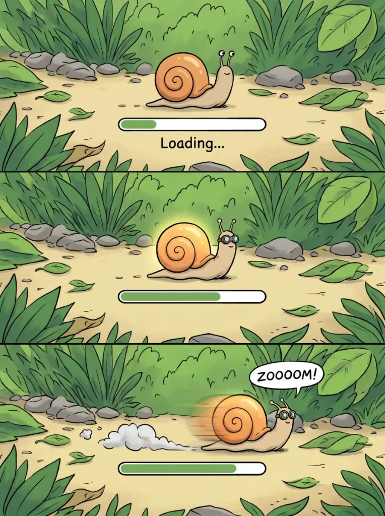 Comic strip of a snail with loading bars — from slow crawl to zoom, symbolizing website speed